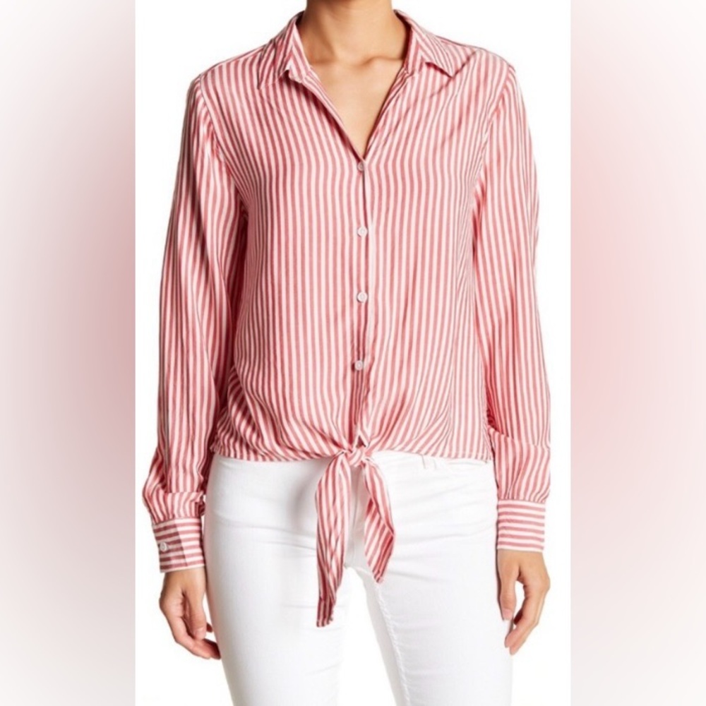 beach lunch lounge Red Striped Button-Up Tie Front Blouse